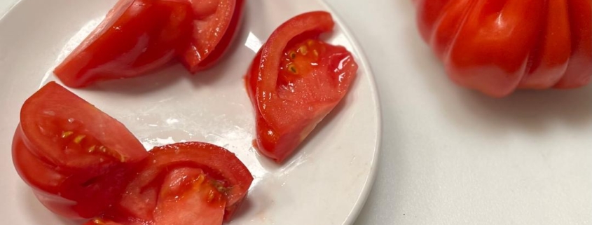 A white plate topped with sliced tomatoes next to a tomato.